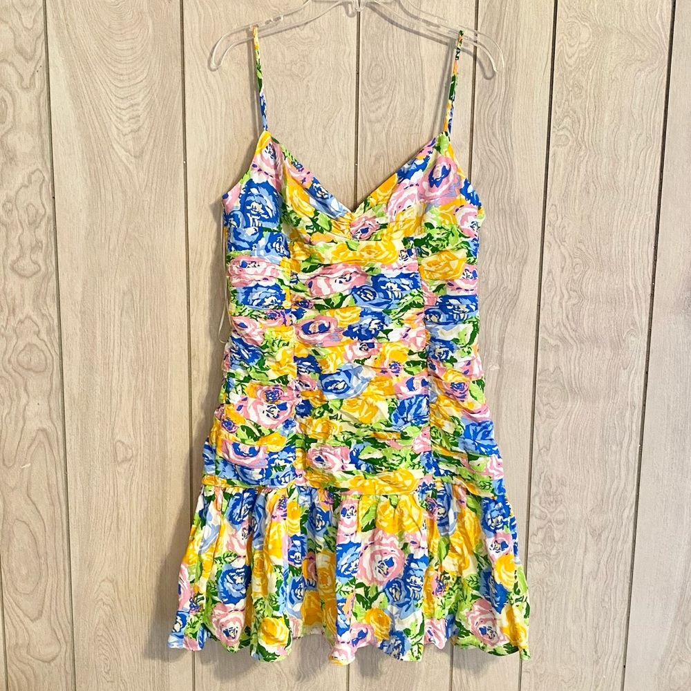 Zara Yellow Floral Mini Dress with Blue & Pink Accents
